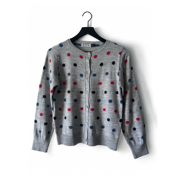 POL Gray Polka Dot Button Front Cardigan Women’s Size Medium ￼ - Picture 1 of 7